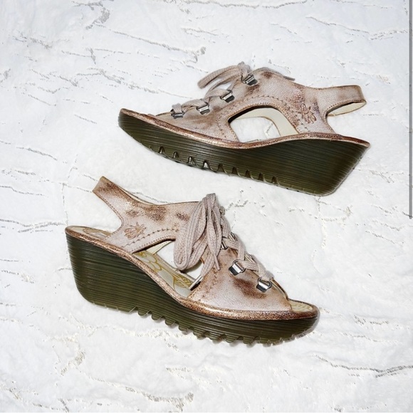 Fly London YIfa Luna Metallic Suede Lace Up Wedge Sandals Size EU 39 Us 8-8.5 - Picture 2 of 10